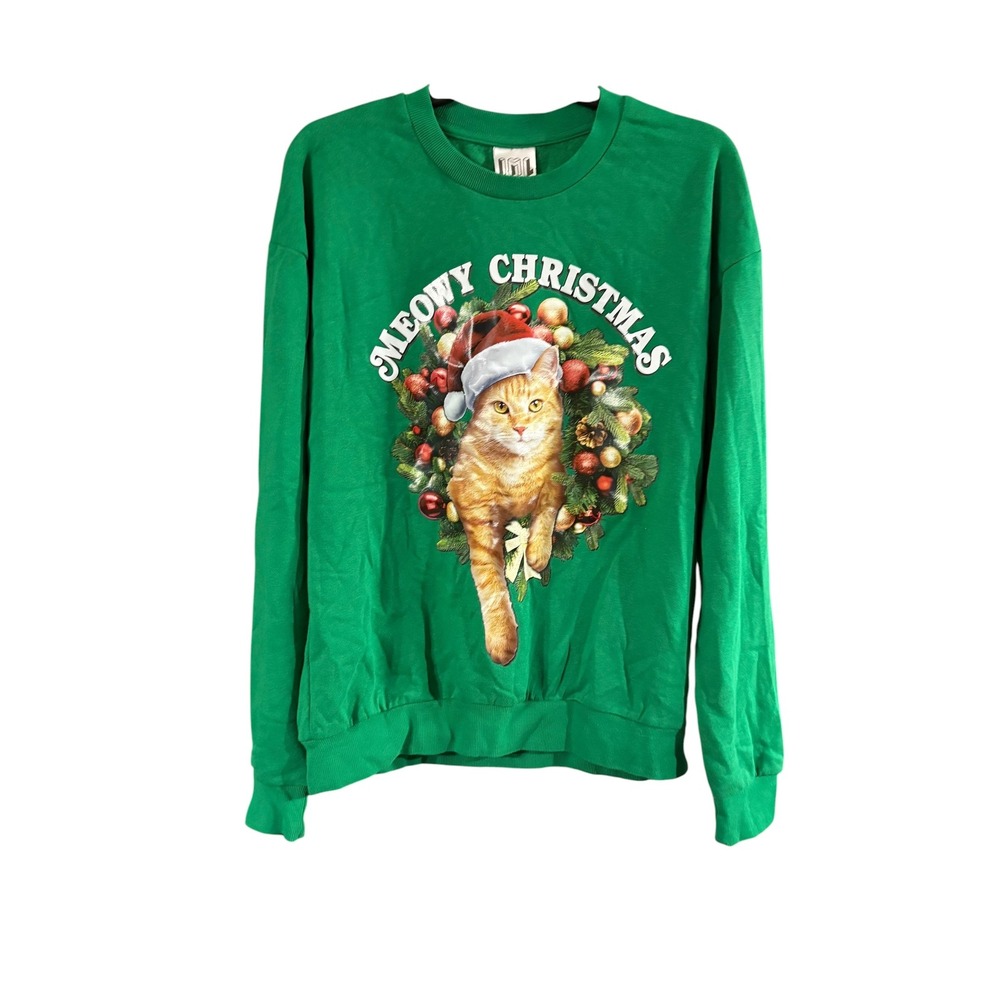 IML Meowy Christmas Sweatshirt Green Cat Santa Hat Wreath Graphic Pullover Med